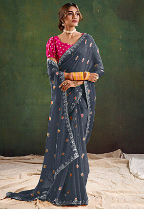Bandhej Printed Chiffon Saree in Grey