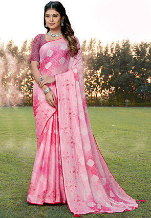 Bandhej Printed Chiffon Saree in Light Pink