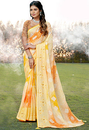 Bandhej Printed Chiffon Saree in Light Yellow