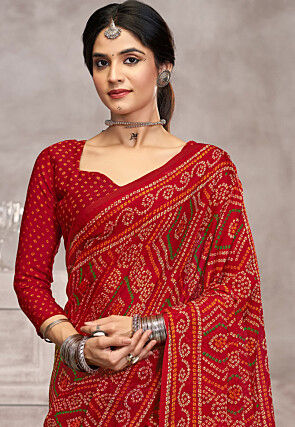 Bandhej Printed Chiffon Saree in Maroon