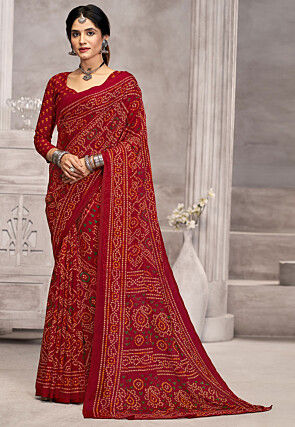 Bandhej Printed Chiffon Saree in Maroon