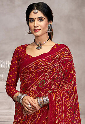 Bandhej Printed Chiffon Saree in Maroon