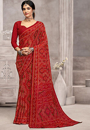 Bandhej Printed Chiffon Saree in Maroon