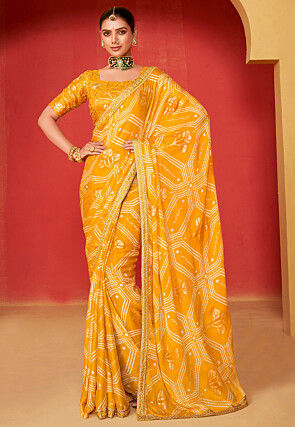 Bandhej Printed Chiffon Saree in Mustard
