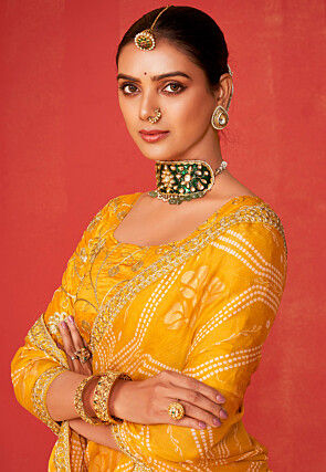Bandhej Printed Chiffon Saree in Mustard
