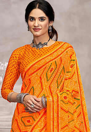 Bandhej Printed Chiffon Saree in Mustard