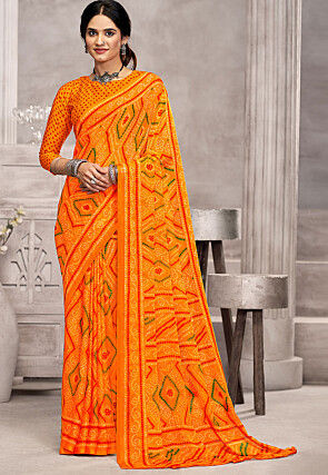 Bandhej Printed Chiffon Saree in Mustard