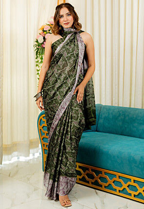 Bandhej Printed Chiffon Saree in Olive Green