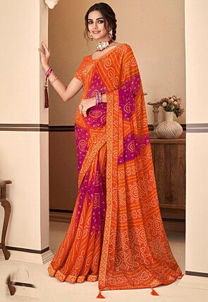 Bandhej Printed Chiffon Saree in Orange and Wine