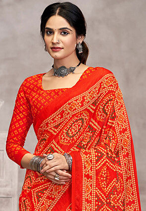 Bandhej Printed Chiffon Saree in Orange
