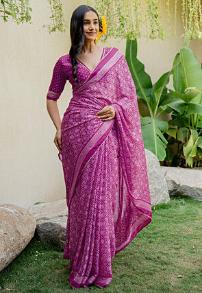 Bandhej Printed Chiffon Saree in Purple