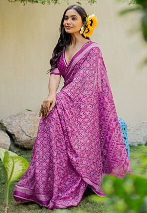 Bandhej Printed Chiffon Saree in Purple