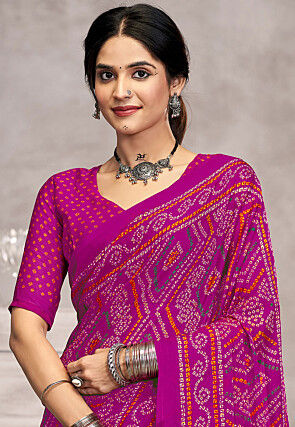 Bandhej Printed Chiffon Saree in Purple
