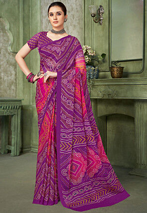Bandhej Printed Chiffon Saree in Purple
