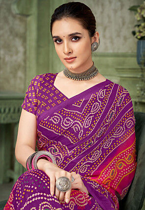 Bandhej Printed Chiffon Saree in Purple