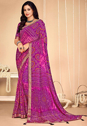 Bandhej Printed Chiffon Saree in Purple