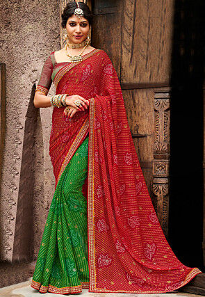 Bandhej Printed Chiffon Saree in Red and Green