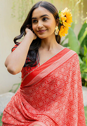 Bandhej Printed Chiffon Saree in Red