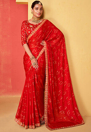 Bandhej Printed Chiffon Saree in Red