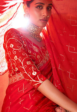 Bandhej Printed Chiffon Saree in Red