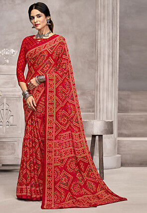 Bandhej Printed Chiffon Saree in Red