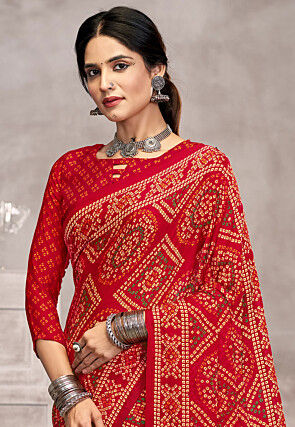 Bandhej Printed Chiffon Saree in Red