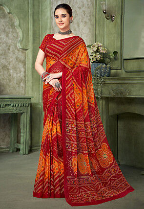 Bandhej Printed Chiffon Saree in Red