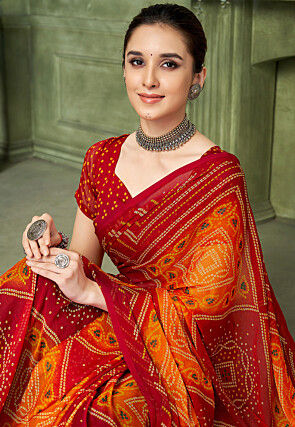 Bandhej Printed Chiffon Saree in Red