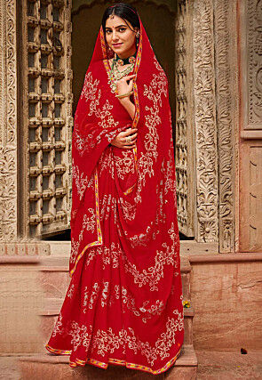 Bandhej Printed Chiffon Saree in Red