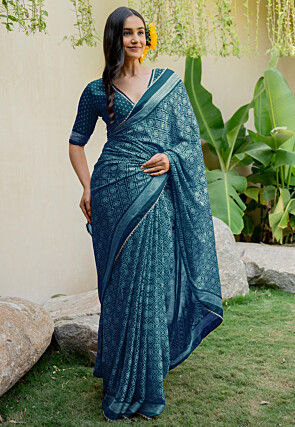 Bandhej Printed Chiffon Saree in Teal Blue