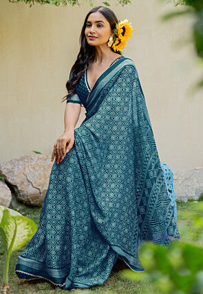 Bandhej Printed Chiffon Saree in Teal Blue