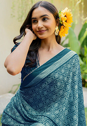 Bandhej Printed Chiffon Saree in Teal Blue