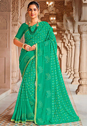 Bandhej Printed Chiffon Saree in Teal Green