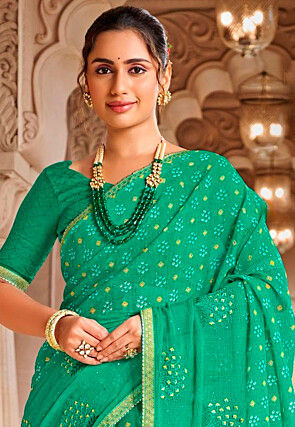 Bandhej Printed Chiffon Saree in Teal Green