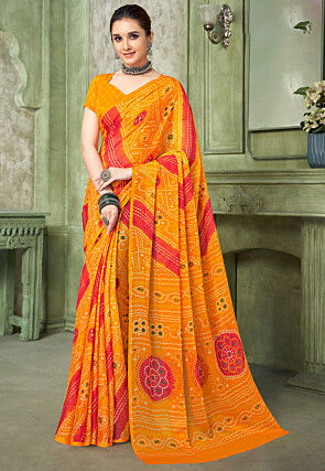 Bandhej Printed Chiffon Saree in Yellow