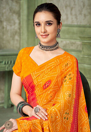 Bandhej Printed Chiffon Saree in Yellow