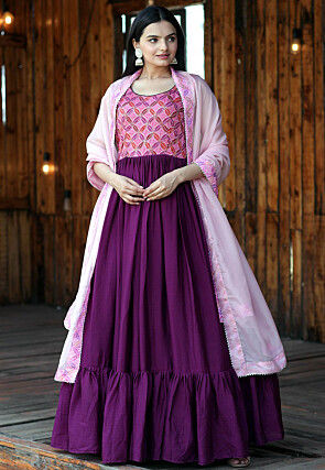 Bandhej Printed Chinon Chiffon Abaya Style Suit in Pink and Purple