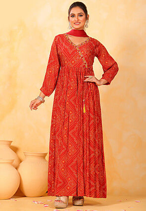 Bandhej Printed Chinon Chiffon Abaya Style Suit in Red