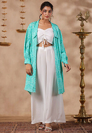 Bandhej Printed Chinon Chiffon Crop Top Set in White