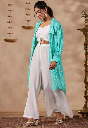 Bandhej Printed Chinon Chiffon Crop Top Set in White