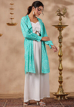 Bandhej Printed Chinon Chiffon Crop Top Set in White