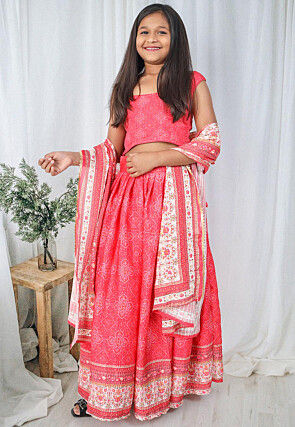 Bandhej Printed Chinon Chiffon Lehenga in Coral Pink