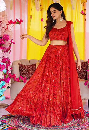 Bandhej Printed Chinon Chiffon Lehenga in Red