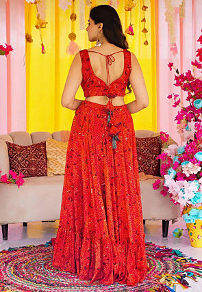 Bandhej Printed Chinon Chiffon Lehenga in Red