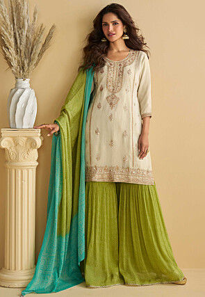 Bandhej Printed Chinon Chiffon Pakistani Suit in Off White