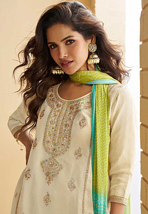 Bandhej Printed Chinon Chiffon Pakistani Suit in Off White
