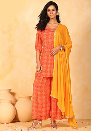 Bandhej Printed Chinon Chiffon Pakistani Suit in Orange