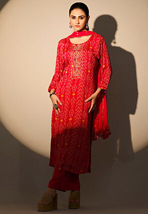 Bandhej Printed Chinon Chiffon Pakistani Suit in Red
