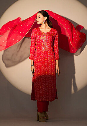 Bandhej Printed Chinon Chiffon Pakistani Suit in Red