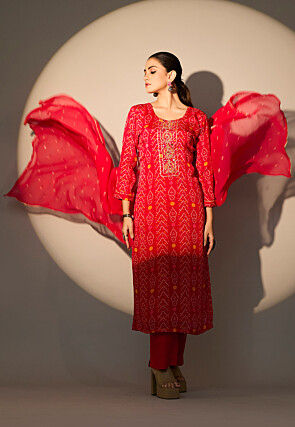 Bandhej Printed Chinon Chiffon Pakistani Suit in Red